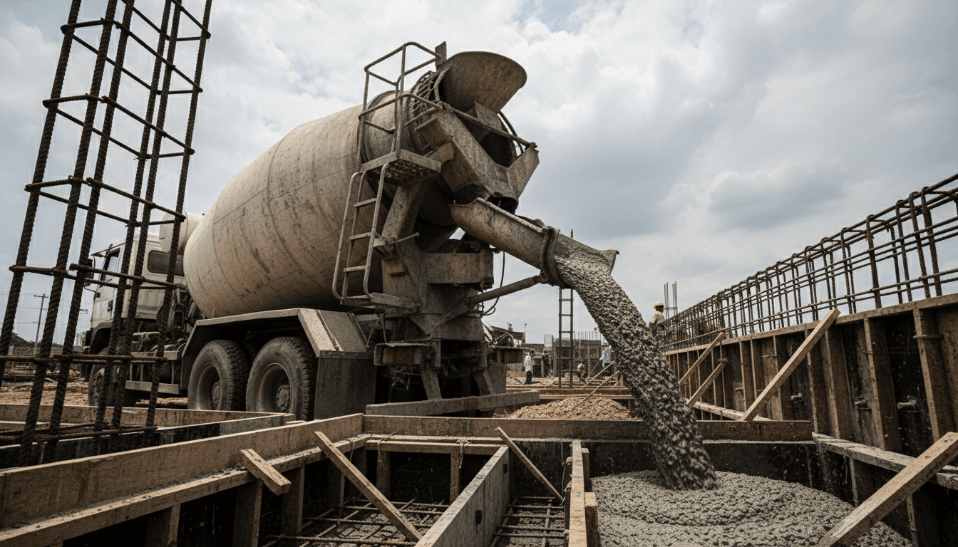 Industrial documentary aesthetic, a low-angle wide shot of a concrete mixer truck discharging wet concrete into a formwork at a construction site in Balikpapan