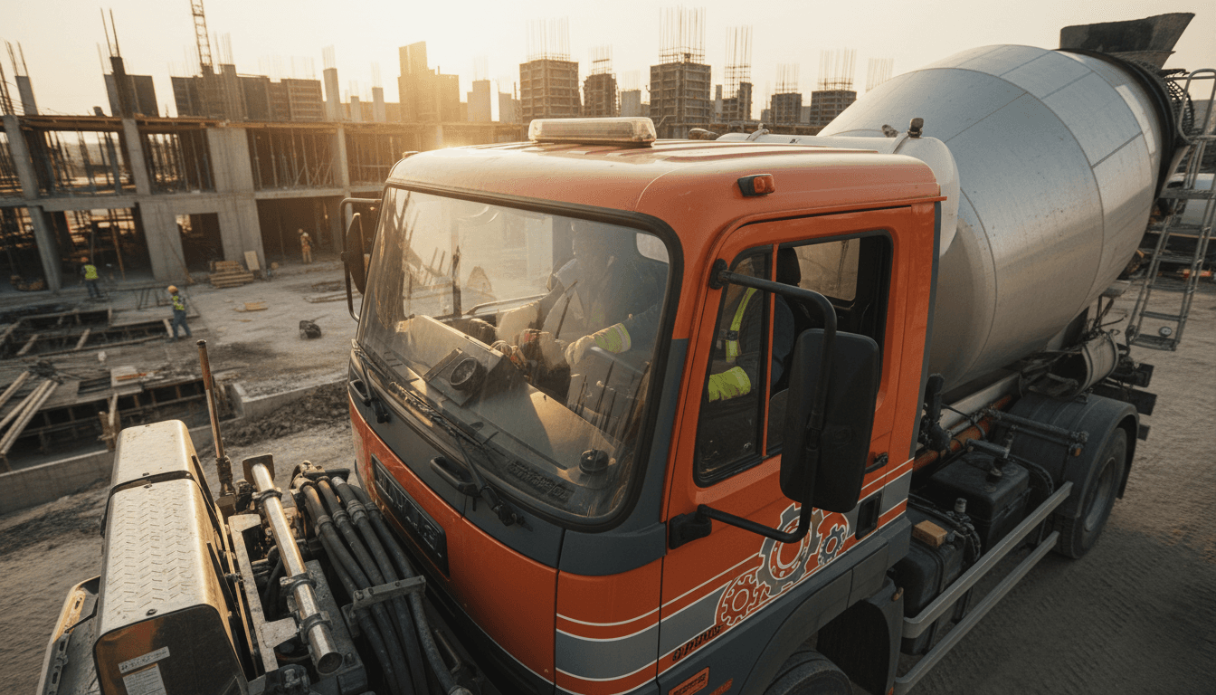 Truck mixer beton menuang cor di lokasi proyek