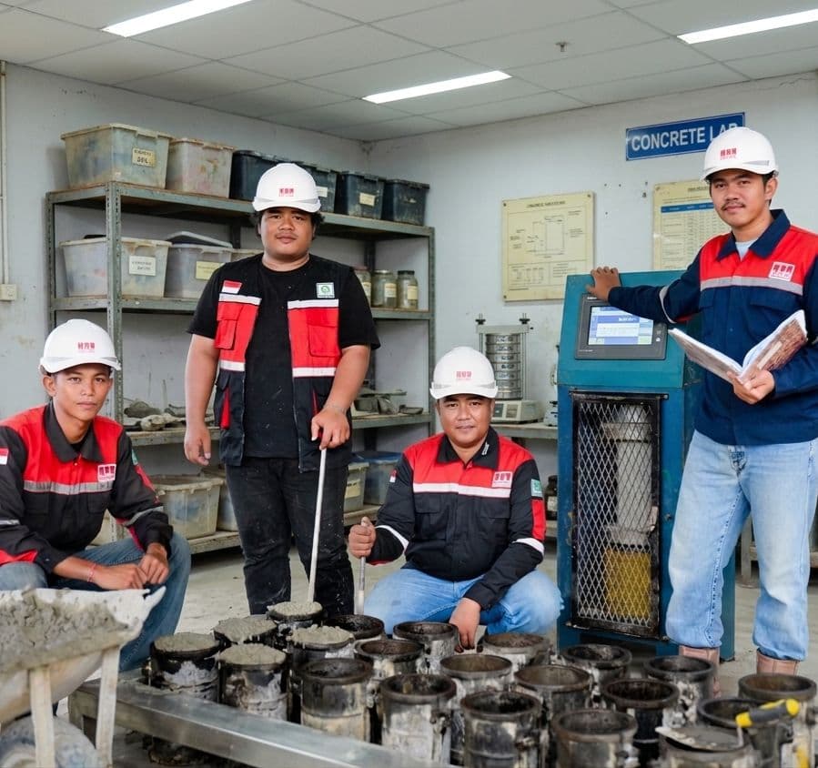 Empat pekerja berhelm putih sedang melakukan pengujian kualitas sampel silinder beton di laboratorium.
